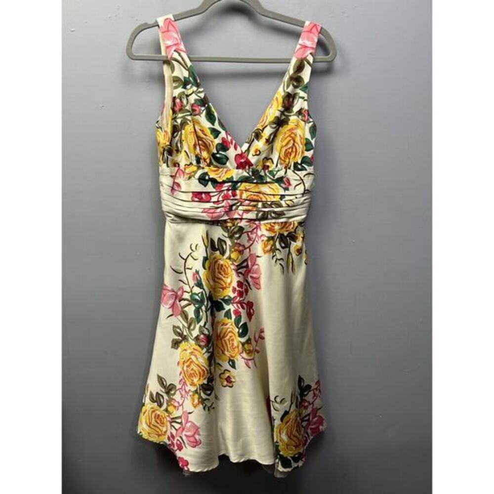 Forever 21 Fit Flare Dress Womens Medium Tan Floral Tulle V Neck Fairy Dainty‎